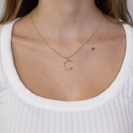 Crescent Moon Gold-Plated Necklace on Neck – Dainty Gold Moon Necklace with Cubic Zirconia, Close-Up View