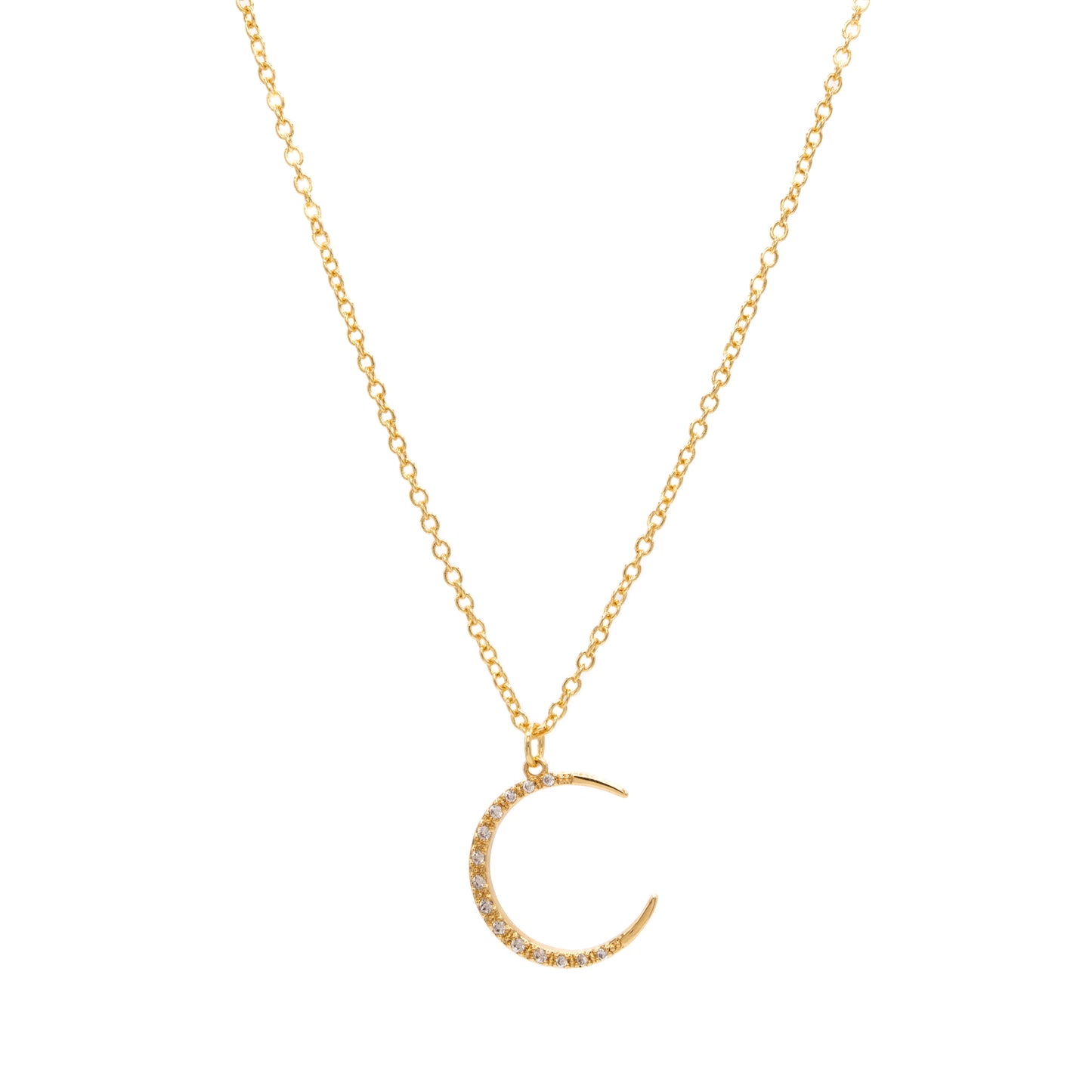 Crescent Moon Gold-Plated Necklace on White Background – Dainty Gold Moon Necklace with Cubic Zirconia